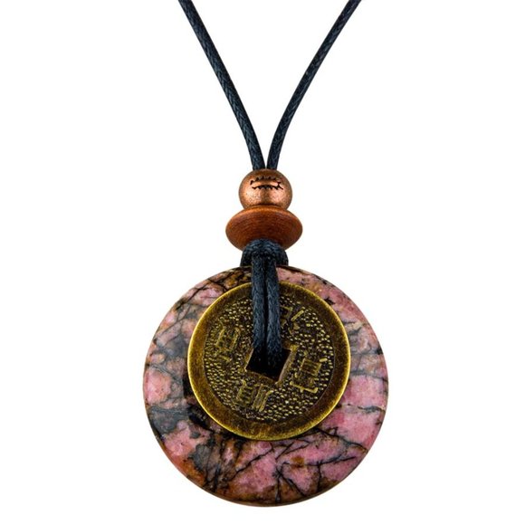 Rhodonite and Lucky Coin Necklace Handmade - Picture 2 of 4